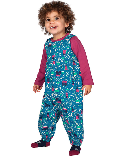 Frugi Reversible Dungarees - Snowy Town/Peacock Pop Spot - 100% Organic Cotton Dungarees