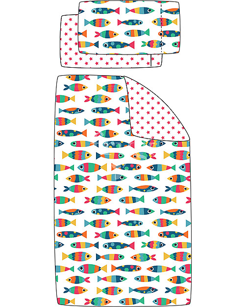 Frugi Reversible UK Cot Bed Set. Rainbow Fish - 120x150 cm + pillow case, 100% Organic Cotton Cradle Bed Linen