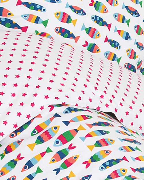 Frugi Reversible UK Cot Bed Set. Rainbow Fish - 120x150 cm + pillow case, 100% Organic Cotton Cradle Bed Linen