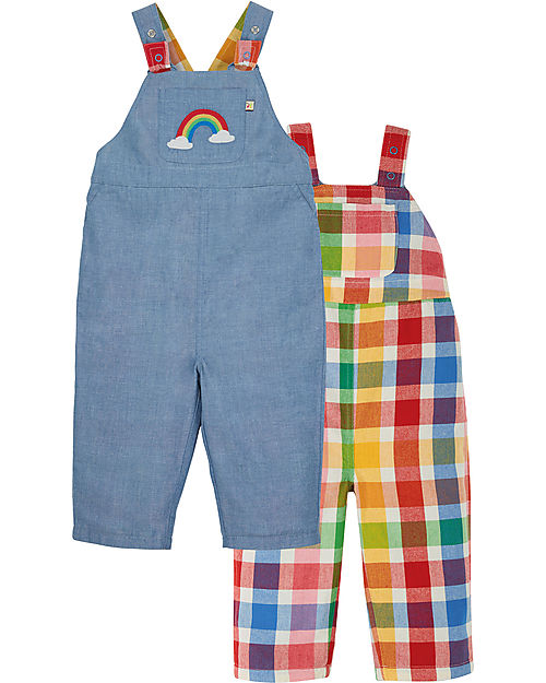 Frugi Rio Reversible Dungarees - Wells-Next-The-Sea - Rainbow Check/Chambray - Organic Cotton Dungarees