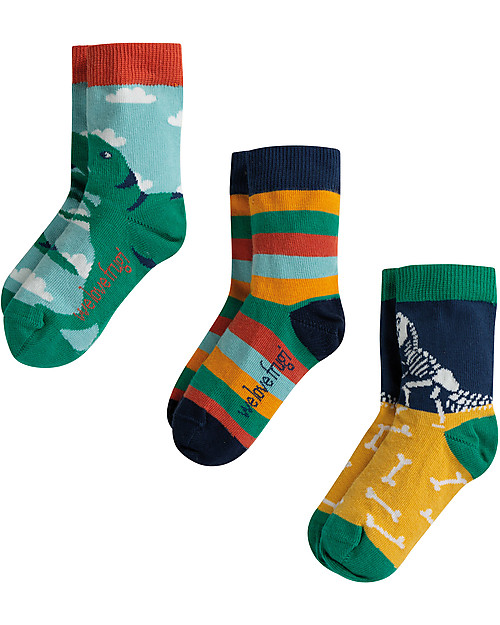 Frugi Rock My Socks 3 Pack, Dino Multipack - Elasticated Organic Cotton Socks