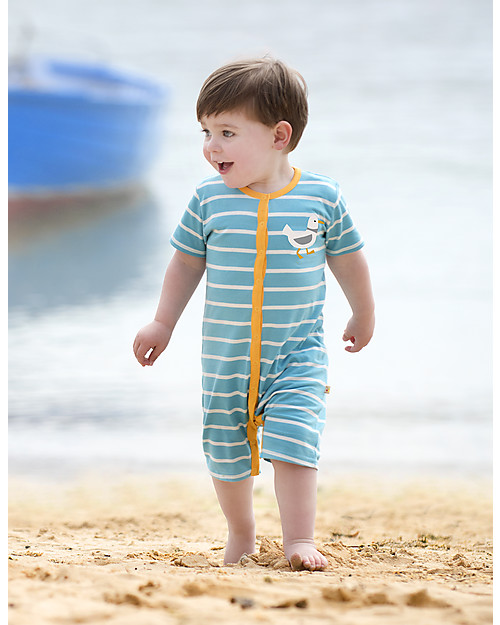 Frugi Rock Pool Romper, Blue and White Stripes with Seagull applique - 100% Organic Cotton Babygrows