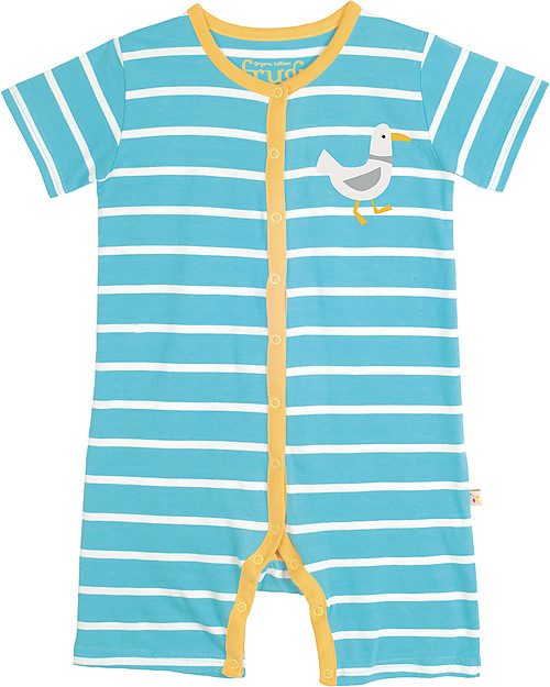 Frugi Rock Pool Romper, Blue and White Stripes with Seagull applique - 100% Organic Cotton Babygrows