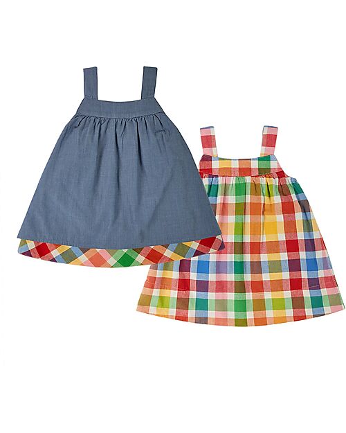 Frugi Rosemary Reversible Dress - Wells-Next-The-Sea - Rainbow Check/Chambray - Organic Cotton Dresses_
