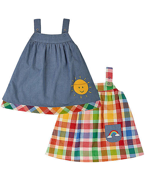 Frugi Rosemary Reversible Dress - Wells-Next-The-Sea - Rainbow Check/Chambray - Organic Cotton Dresses_