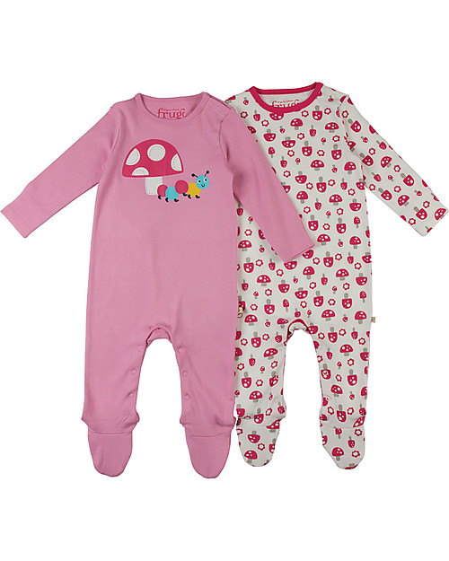 Frugi Scrumptious Babygrow, Woodland Mushrooms - Pack of 2 - 100% Organic Cotton Babygrows