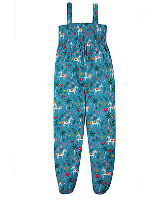 Frugi Senna Smocked Dungaree - Teal indian horse - 100% Organic Cotton Dungarees