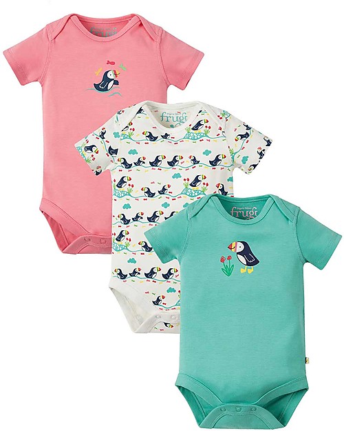 Frugi Short Sleeves Bodysuits, Pack of 3, Puffins - 100% organic cotton Short Sleeves Bodies