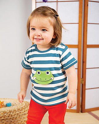 Frugi Short Sleeves Button Off 4 in 1 Applique Top - Steely Blue Stripe/Creature - Organic cotton T-Shirts And Vests