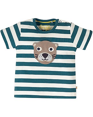 Frugi Short Sleeves Button Off 4 in 1 Applique Top - Steely Blue Stripe/Creature - Organic cotton T-Shirts And Vests