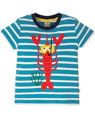 Frugi Sid Applique T-shirt - Steely Blue Stripes/Lobster - 100% Organic Cotton T-Shirts And Vests