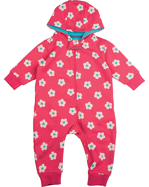 Frugi Snuggle Suit with Hood, Raspberry/Daisy - 100% organic brush back cotton Babygrows