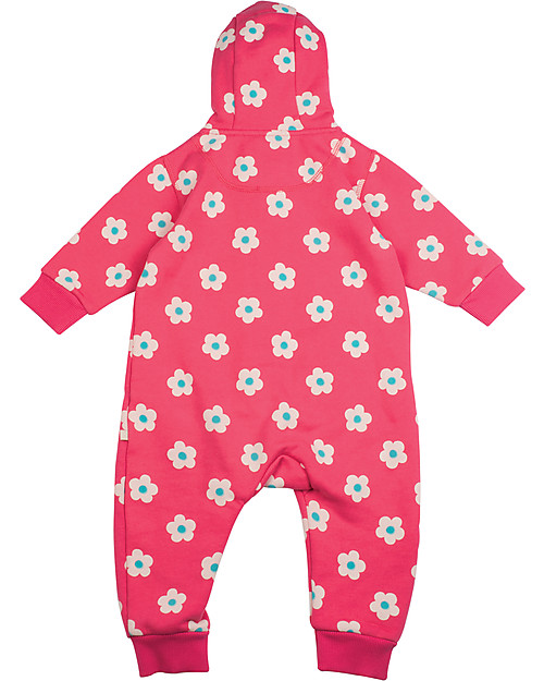 Frugi Snuggle Suit with Hood, Raspberry/Daisy - 100% organic brush back cotton Babygrows