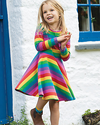 Frugi Sofia Skater Dress - Foxglove Rainbow Stripe - Elasticated organic cotton Dresses