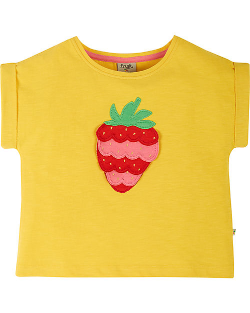 Frugi Sophia Slub Jersey T-shirt - Yellow / Strawberry - Rolled Sleeve - Organic Cotton T-shirts