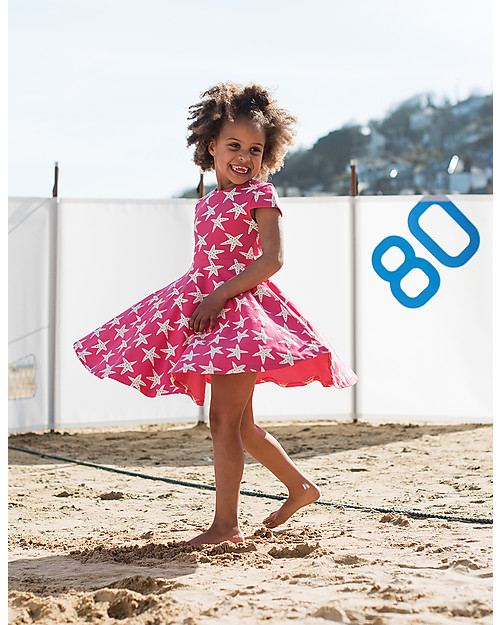 Frugi Spring Skater Dress, Raspberry Starfish - Elasticated organic cotton Dresses_