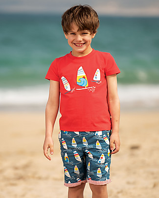 Frugi Stanley Applique T-shirt - Koi Red/Boats - 100% Organic Cotton T-Shirts And Vests