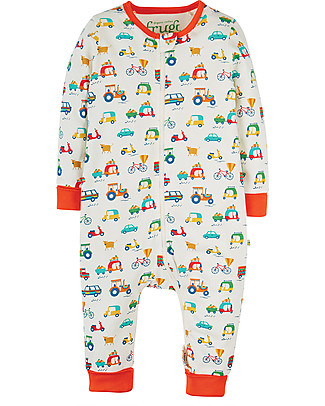 Frugi Summer Zip Babygrow - White Toot toot - Organic Cotton Rompers