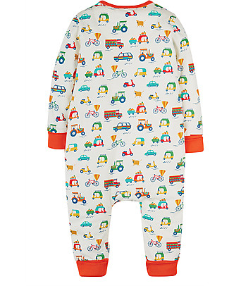 Frugi Summer Zip Babygrow - White Toot toot - Organic Cotton Rompers