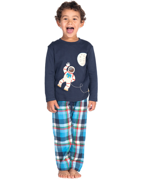Frugi Super PJs - Navy Blue Top with Astronaut applique & Check Pants - 100% organic cotton Pyjamas