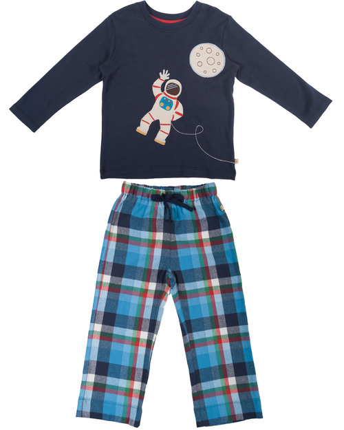 Frugi Super PJs - Navy Blue Top with Astronaut applique & Check Pants - 100% organic cotton Pyjamas