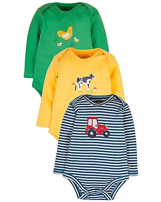 Frugi Super Special 3 Pack Bodysuits - Farm - 100% Organic Cotton Long Sleeves Bodies