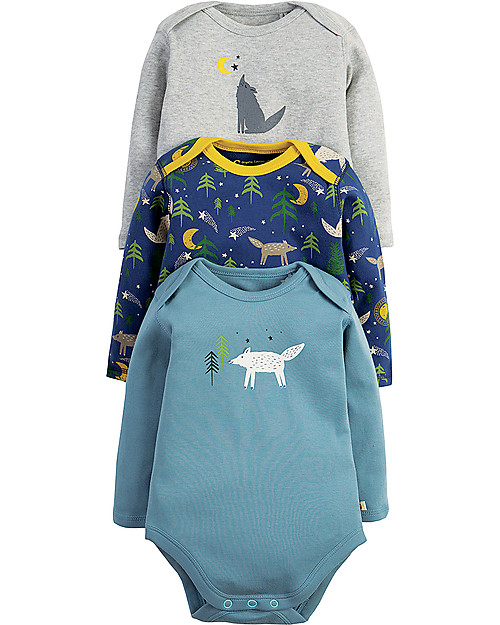 Frugi Super Special 3-Pack Bodysuits, Wolf - 100% organic cotton Long Sleeves Bodies