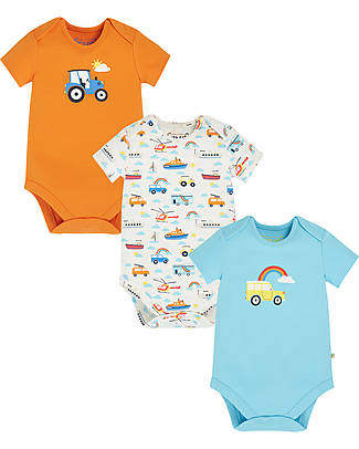 Frugi Super Special 3-Pack Short Sleeves Bodysuits - Vehicles - 100% GOTS Organic Cotton Interlock Short Sleeves Bodies