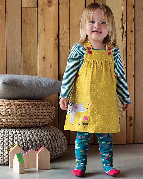 Frugi Tilly Cord Pinafore Dress, Gorse Speckle Spot/Fox - Organic Cotton Dresses_