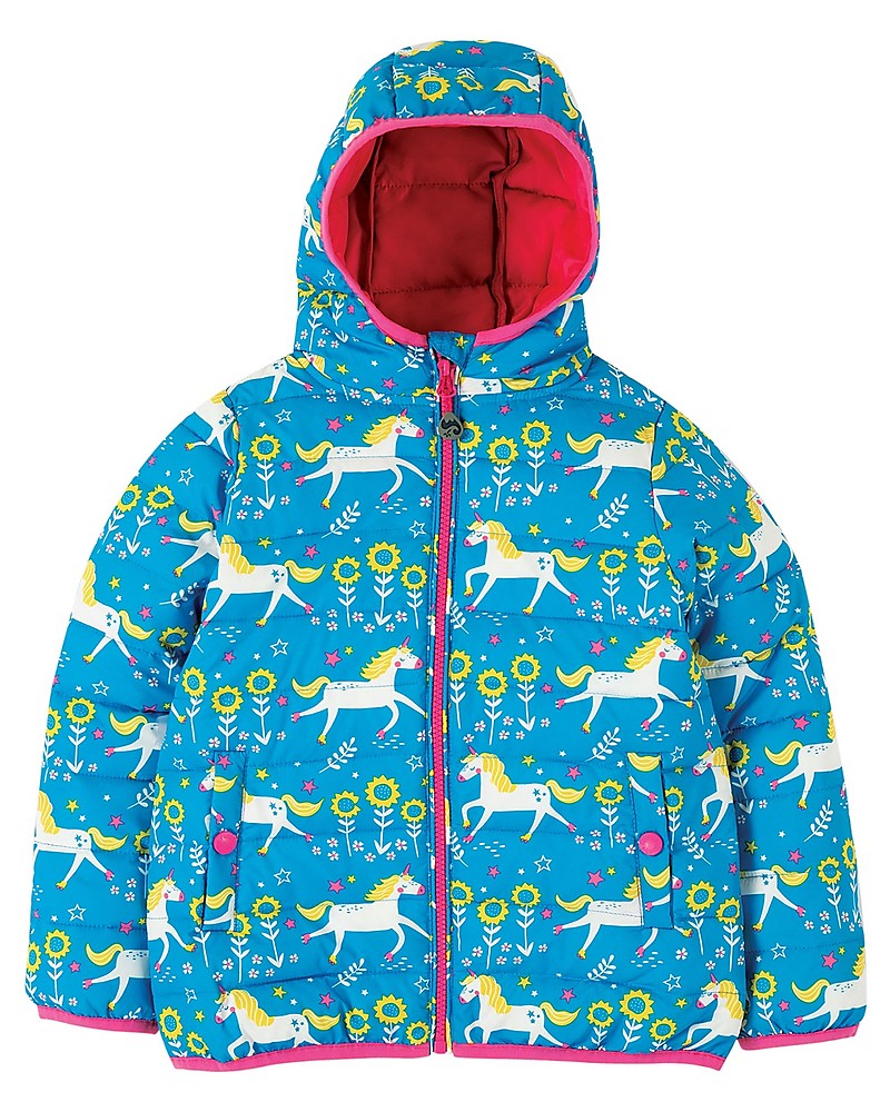 Frugi Toasty Trail Packaway Quilted Jacket Unicorn Skates Eco friendly unisex bambini