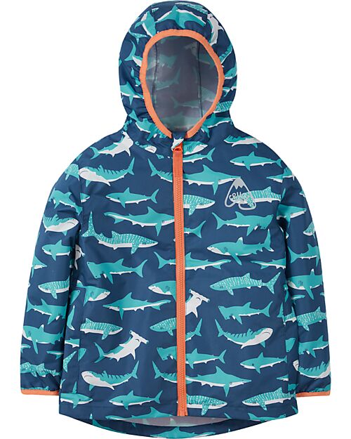 Frugi Waterproof Jacket with Sharks - Blue - Made from Recycled Bottles Waterproof