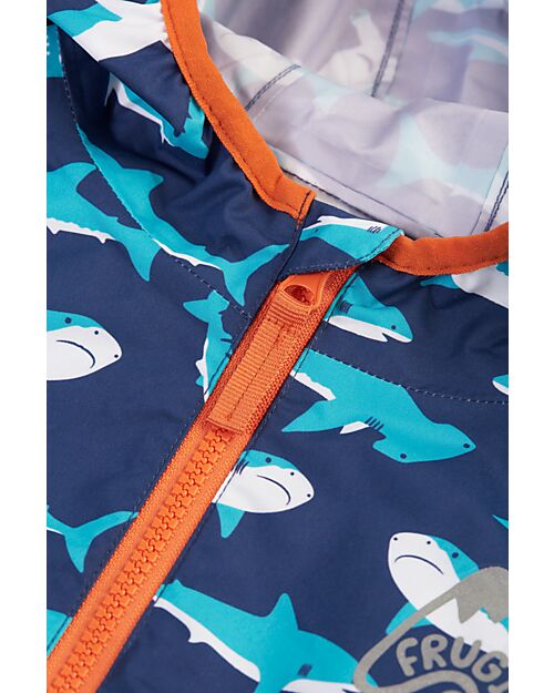 Frugi Waterproof Jacket with Sharks - Blue - Made from Recycled Bottles Waterproof