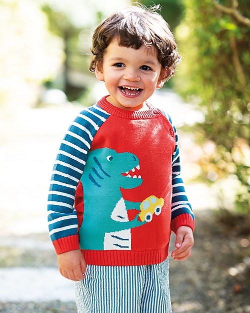 Frugi Wilfred Knitted Jumper - Koi Red/Dino - Organic cotton Jumpers