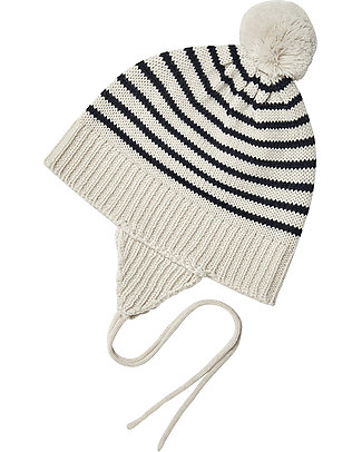 Fub Baby Pompom Hat, Ecru/Navy - 100% Merino Wool Winter Hats
