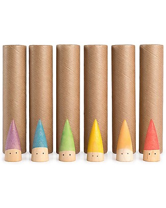 Grapat Baby Sticks - 6 Little Multicolored Gnomes - 6 Cardboard Cylinders - Sustainable Wood Creative Toys