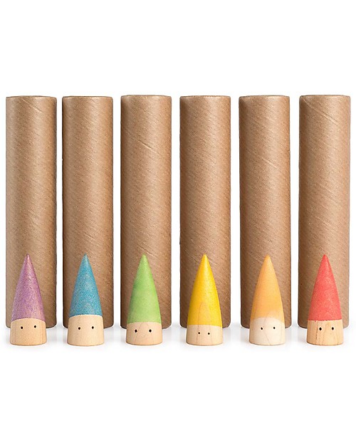 Grapat Baby Sticks - 6 Little Multicolored Gnomes - 6 Cardboard Cylinders - Sustainable Wood Montessori Toys