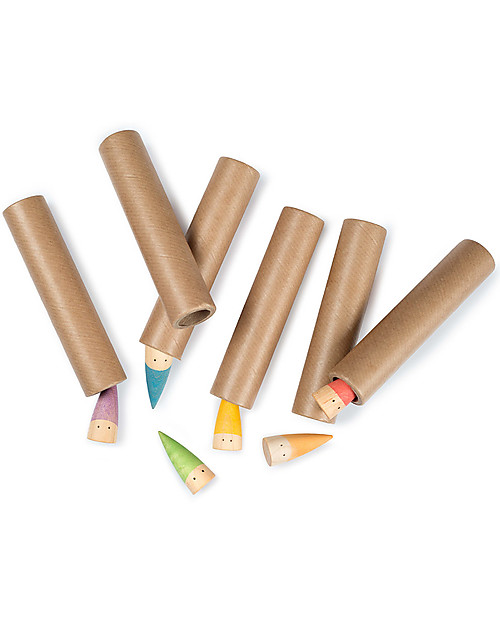 Grapat Baby Sticks - 6 Little Multicolored Gnomes - 6 Cardboard Cylinders - Sustainable Wood Montessori Toys