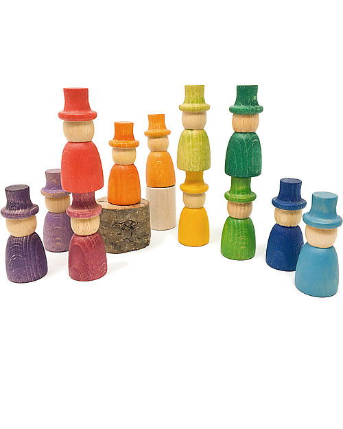 Grapat Wizards Nins with Hats, Rainbow Colour 12 pieces - Sustainable Wood Montessori Toys