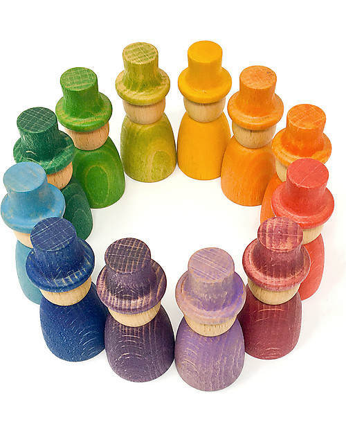 Grapat Wizards Nins with Hats, Rainbow Colour 12 pieces - Sustainable Wood Montessori Toys