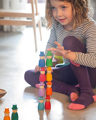 Grapat Wizards Nins with Hats, Rainbow Colour 12 pieces - Sustainable Wood Wooden Blocks & Construction Sets