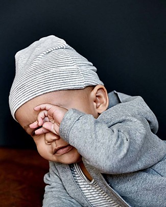 Gray Label Baby Beanie with Stripes - Grey Melange/Cream - GOTS Organic Cotton Hats