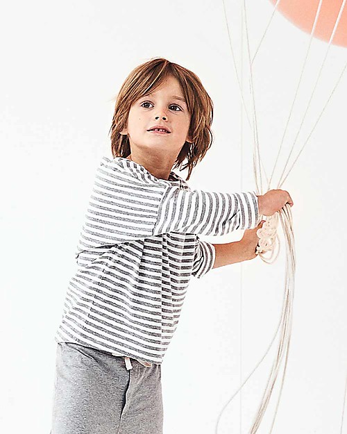 Gray Label Long Sleeves Dropped Shoulder Tee, Grey Melange/White Stripe (12-24 months) - 100% organic cotton Long Sleeves Tops