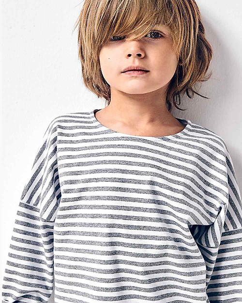 Gray Label Long Sleeves Dropped Shoulder Tee, Grey Melange/White Stripe (12-24 months) - 100% organic cotton Long Sleeves Tops