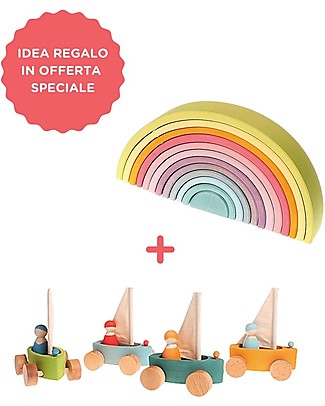 Grimm's Rainbow Tunnel + Boats with Grimm's Men Wooden Stacking Toys