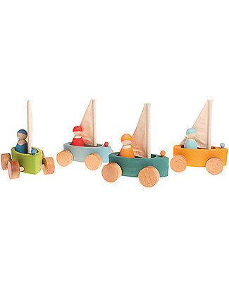 Grimm's Set of 4 Roll-along Little Land Yachts - Includes Peg Dolls! Wooden Toy Cars, Trains & Trucks