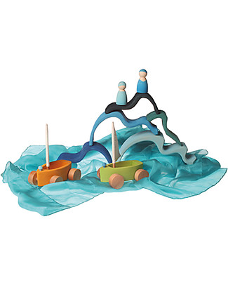 Grimm's Set of 4 Roll-along Little Land Yachts - Includes Peg Dolls! Wooden Toy Cars, Trains & Trucks