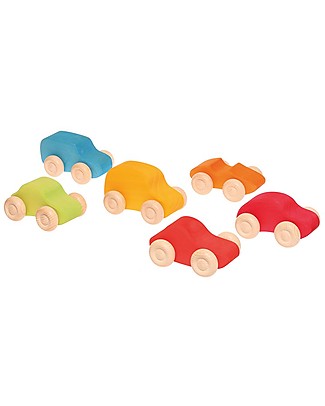 Grimm's Set of 6 Coloured Wooden Cars - Let your fantasy run free! Wooden Toy Cars, Trains & Trucks