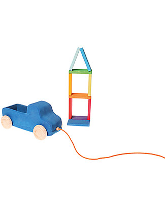 Grimm's Wooden Blue Truck Pull Toy - 10 rainbow coloured pieces included! Wooden Push & Pull Toys