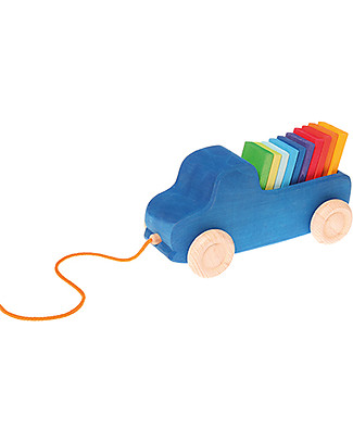 Grimm's Wooden Blue Truck Pull Toy - 10 rainbow coloured pieces included! Wooden Push & Pull Toys