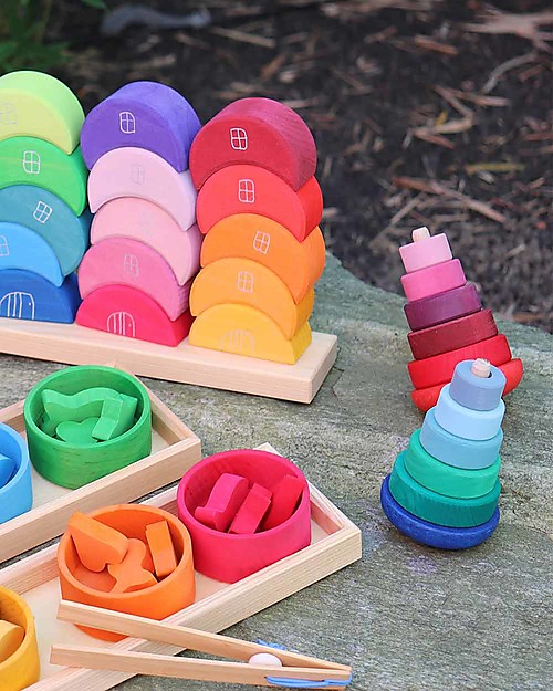 Grimm's Wooden Stacking Toy Small Conical Tower - Includes 6 Pink rings! Montessori Toys